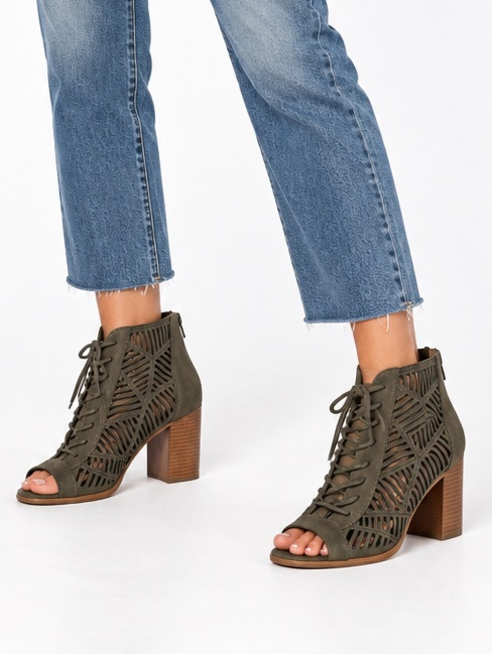 George Olive Laser Cut Lace Up Peep Toe Heeled Booties Size 7.5